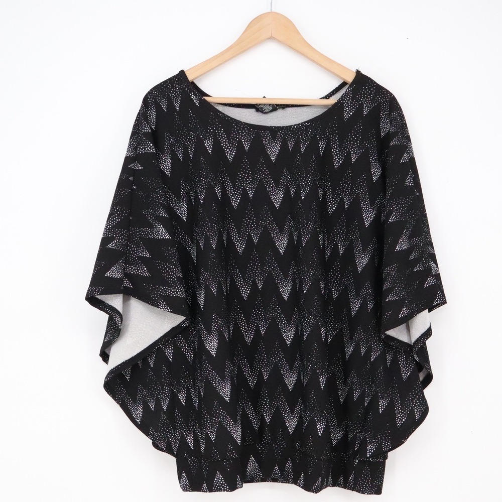 Robert Louis Top Womens L Dolman Sleeve Black Silver Glitter Chevron Excellent